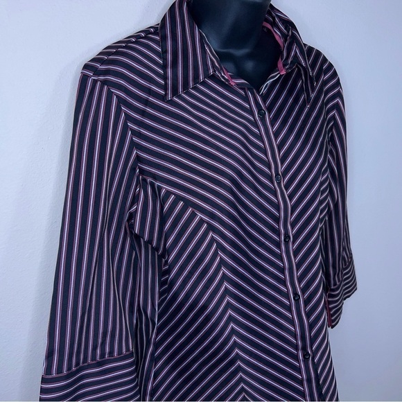 LARGE VINTAGE TANGENTS PINK BLACK STRIPED STRETCH BLOUSE BUTTON FRONT - Picture 2 of 10